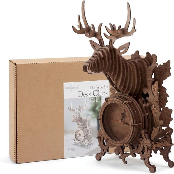 Nicknack 3D Jigsaw Puzzle Wooden Reindeer Desk Clock Model Kits - 52 PCS (Dark) - Picture 9 of 11